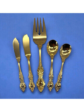 Royal Sealy Gold Plated Serving Set 5 Pc RLF1 Japan Fork Spoons Knives Ornate